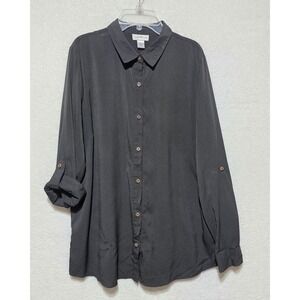 Jaclyn Smith Collection Black Long Sleeve Button Up Shirt Roll Tab Sleeve Size L